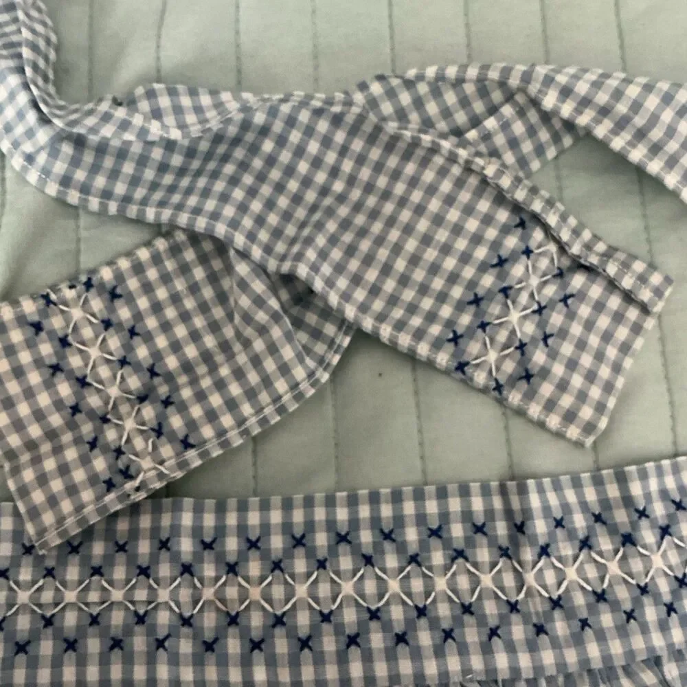 Vintage Handmade Blue Gingham Half Apron Embroidered 2 Pocket 70” Waist Tie